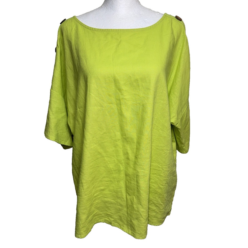 Soft Surroundings L Linen Blouse Bright Lime Green Boat Neck Button Sleeve Tunic